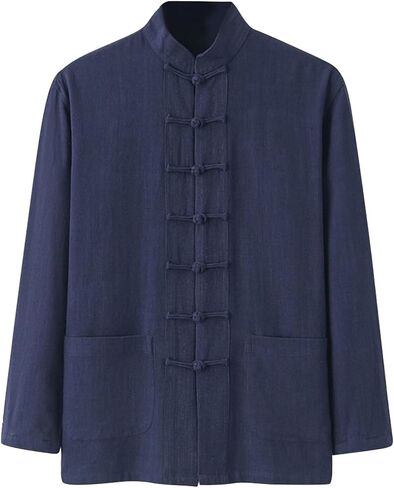 Traditional Chinese Tang Shirts Men Linen Long Sleeve Kung Fu Uniforms Stand Collar Casual Vintage Baggy Comfortable Tops in Kuwait