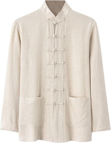 Traditional Chinese Tang Shirts Men Linen Long Sleeve Kung Fu Uniforms Stand Collar Casual Vintage Baggy Comfortable Tops in Kuwait