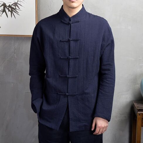 Men's Chinese for traditional Kung Fu Tang Suit Tai Chi Jacket with Stand Collar Linen Cotton Long Sleeve Coat(L White) in Saudi Arabia