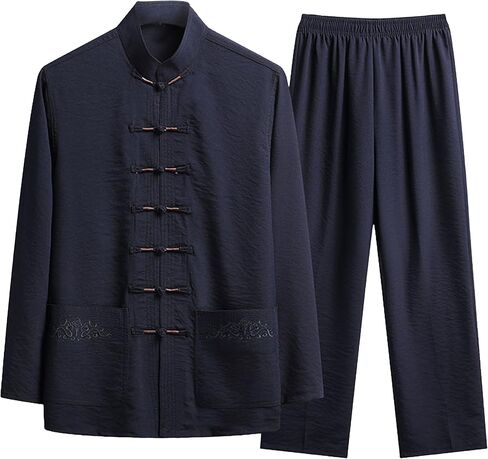 Men's Tai Chi Kung Fu Uniform 2Piece Set,Chinese Tang Suit, Mandarin Collar Frog Button Shirt,Elastic Waist Pants in Saudi Arabia