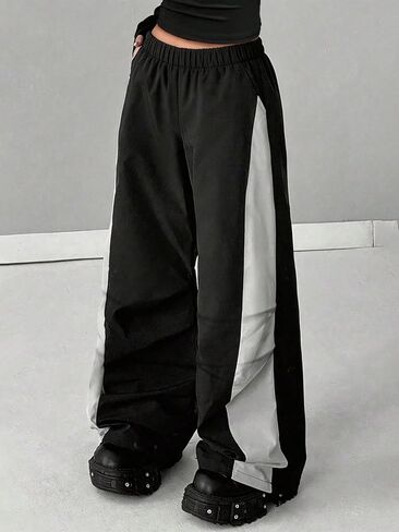 Girls Wide Leg Track Pants, Elastic Waist Casual Pants with Black Side Stripes for Teens in Kuwait