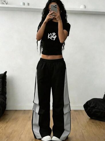 Girls Wide Leg Track Pants, Elastic Waist Casual Pants with Black Side Stripes for Teens in Kuwait