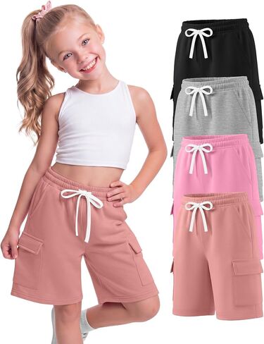 4 Pack Girls' Cargo Bermuda Shorts Kids Casual Drawstring Knee Length Pants Baggy Shorts with Pockets 5-16 Years in Saudi Arabia