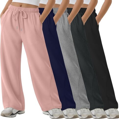 5 Pack Girls' Wide Leg Sweatpants Drawstring Baggy Casual Pants Open Bottom Joggers with Pockets Teen 5-14 Years in Kuwait