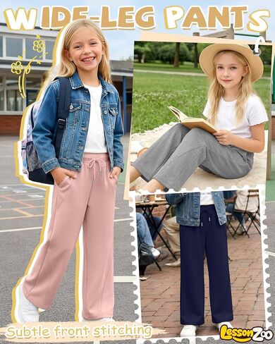 5 Pack Girls' Wide Leg Sweatpants Drawstring Baggy Casual Pants Open Bottom Joggers with Pockets Teen 5-14 Years in Kuwait