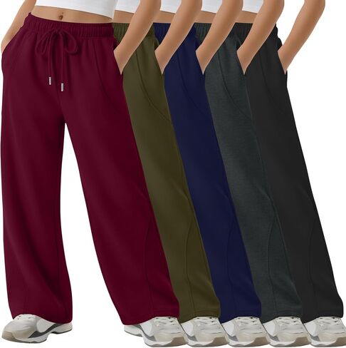 5 Pack Girls' Wide Leg Sweatpants Drawstring Baggy Casual Pants Open Bottom Joggers with Pockets Teen 5-14 Years in Kuwait