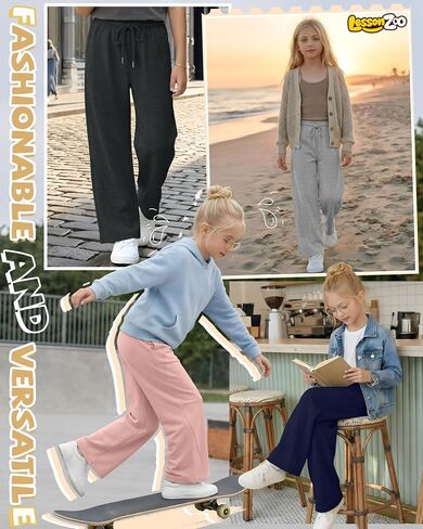 5 Pack Girls' Wide Leg Sweatpants Drawstring Baggy Casual Pants Open Bottom Joggers with Pockets Teen 5-14 Years in Kuwait