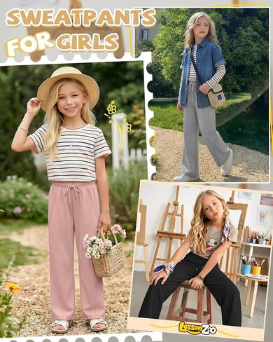 5 Pack Girls' Wide Leg Sweatpants Drawstring Baggy Casual Pants Open Bottom Joggers with Pockets Teen 5-14 Years in Kuwait
