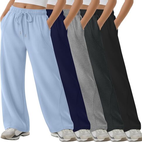 5 Pack Girls' Wide Leg Sweatpants Drawstring Baggy Casual Pants Open Bottom Joggers with Pockets Teen 5-14 Years in Kuwait