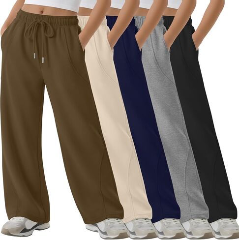 5 Pack Girls' Wide Leg Sweatpants Drawstring Baggy Casual Pants Open Bottom Joggers with Pockets Teen 5-14 Years in Kuwait