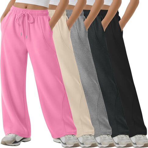 5 Pack Girls' Wide Leg Sweatpants Drawstring Baggy Casual Pants Open Bottom Joggers with Pockets Teen 5-14 Years in Kuwait