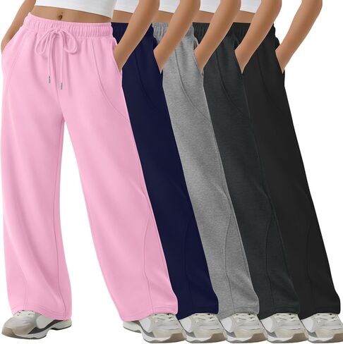 5 Pack Girls' Wide Leg Sweatpants Drawstring Baggy Casual Pants Open Bottom Joggers with Pockets Teen 5-14 Years in Kuwait