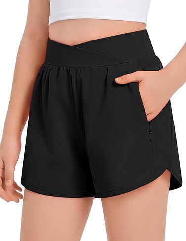 Arshiner Girls Athletic Shorts Crossover High Waisted 2 in 1 Running Shorts with Pockets for Kids Sports Volleyball Soccer in Kuwait