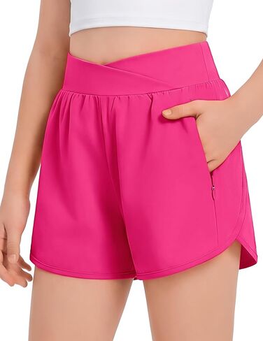 Arshiner Girls Athletic Shorts Crossover High Waisted 2 in 1 Running Shorts with Pockets for Kids Sports Volleyball Soccer in Kuwait