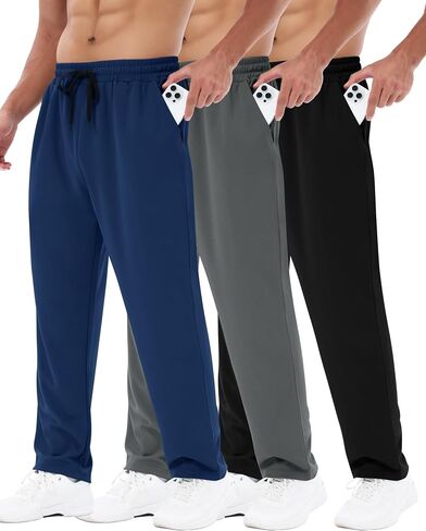 3 Pack Mens Sweatpants with Pockets - Mesh Open Bottom Athletic Joggers for Men Loose Fit Gym Workout Running Casual Pants in Kuwait