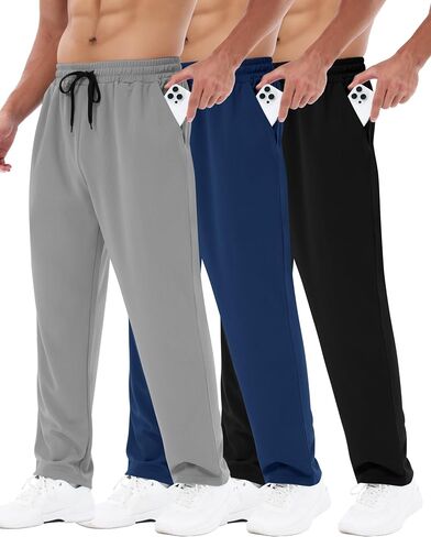 3 Pack Mens Sweatpants with Pockets - Mesh Open Bottom Athletic Joggers for Men Loose Fit Gym Workout Running Casual Pants in Kuwait