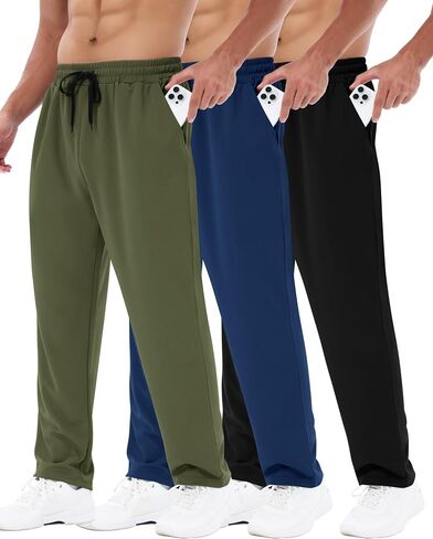 3 Pack Mens Sweatpants with Pockets - Mesh Open Bottom Athletic Joggers for Men Loose Fit Gym Workout Running Casual Pants in Kuwait