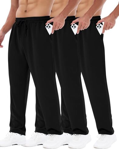 3 Pack Mens Sweatpants with Pockets - Mesh Open Bottom Athletic Joggers for Men Loose Fit Gym Workout Running Casual Pants in Kuwait
