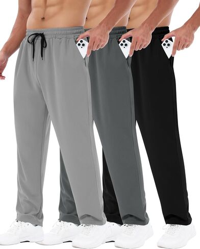 3 Pack Mens Sweatpants with Pockets - Mesh Open Bottom Athletic Joggers for Men Loose Fit Gym Workout Running Casual Pants in Kuwait