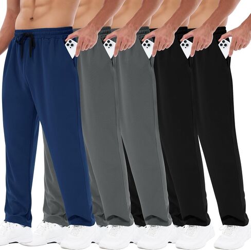 3 Pack Mens Sweatpants with Pockets - Mesh Open Bottom Athletic Joggers for Men Loose Fit Gym Workout Running Casual Pants in Kuwait