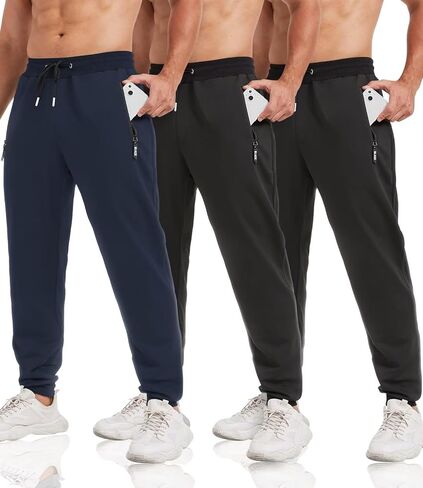 lomsoe 3 Pack Sweatpants for Men Tapered Mens Joggers Pants with Zip Pockets Slim Fit Running Gym Sweat Pants Gifts for Men in Saudi Arabia