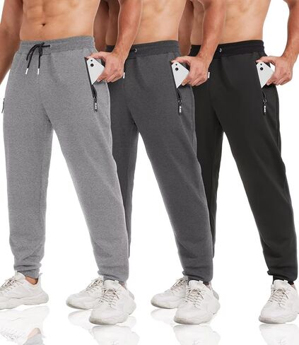 lomsoe 3 Pack Sweatpants for Men Tapered Mens Joggers Pants with Zip Pockets Slim Fit Running Gym Sweat Pants Gifts for Men in Saudi Arabia