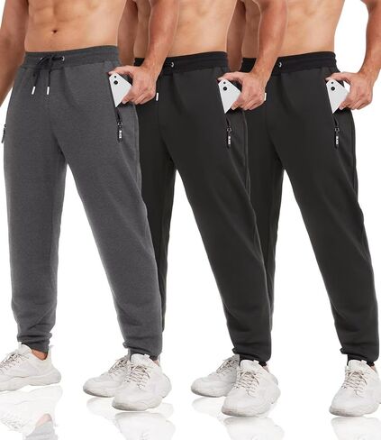 lomsoe 3 Pack Sweatpants for Men Tapered Mens Joggers Pants with Zip Pockets Slim Fit Running Gym Sweat Pants Gifts for Men in Saudi Arabia