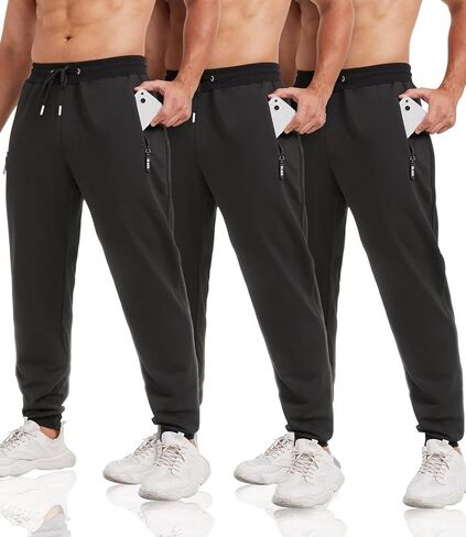 lomsoe 3 Pack Sweatpants for Men Tapered Mens Joggers Pants with Zip Pockets Slim Fit Running Gym Sweat Pants Gifts for Men in Saudi Arabia