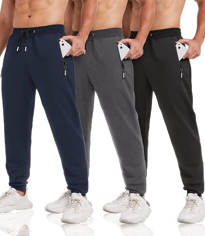 lomsoe 3 Pack Sweatpants for Men Tapered Mens Joggers Pants with Zip Pockets Slim Fit Running Gym Sweat Pants Gifts for Men in Saudi Arabia