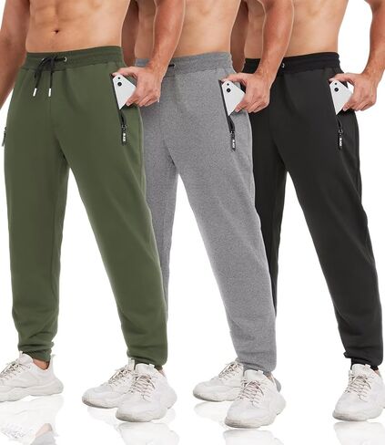 lomsoe 3 Pack Sweatpants for Men Tapered Mens Joggers Pants with Zip Pockets Slim Fit Running Gym Sweat Pants Gifts for Men in Saudi Arabia