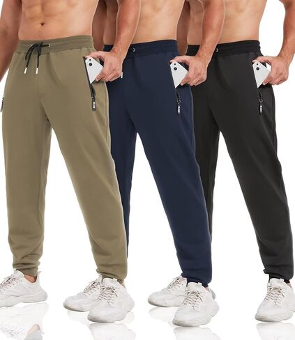 lomsoe 3 Pack Sweatpants for Men Tapered Mens Joggers Pants with Zip Pockets Slim Fit Running Gym Sweat Pants Gifts for Men in Saudi Arabia