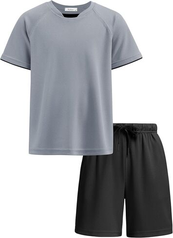 Arshiner Boys Loose Athletic Shorts Set Performance Crew Neck T-Shirt and Mesh Short 2 Piece Outfit for Active Kids in Kuwait