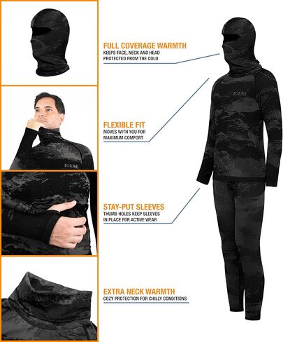 E4M Men’s Thermals Top and Bottom Set - Men’s Long Johns with Ski Mask, Gray Camo in Kuwait