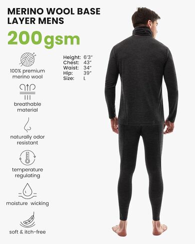 Merino.tech Merino Wool Base Layer Mens Set - Merino Wool Thermal Long Underwear Mens Top, Bottom and Neck Gaiter in Kuwait