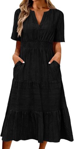Aniywn Midi Dresses for Women Casual Short Sleeve V Neck Summer Flowy Dresses Elastic Waist Ruffle Trim Dress with Pockets in Kuwait
