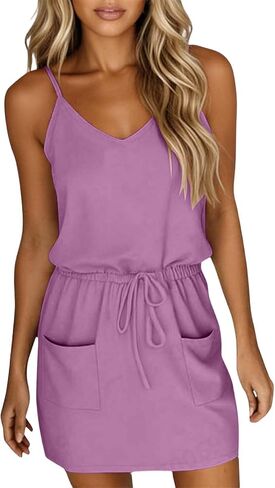 Aniywn Blue Short Dress for Women Spaghetti Strap Sleeveless V Neck Elastic Drawstring Waist Summer Sundresses with Pockets in Kuwait