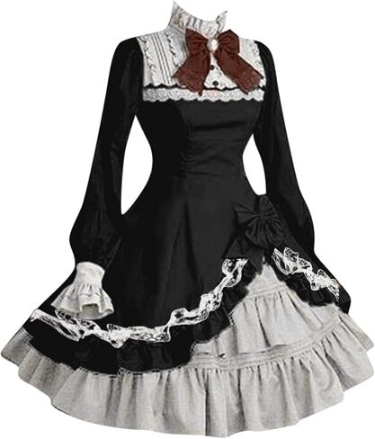 tuduoms Women's Lolita Dress Vintage Gothic Long Sleeve Medieval Cosplay Costume Dress Lace Bowtie Renaissance Retro Gown in Saudi Arabia
