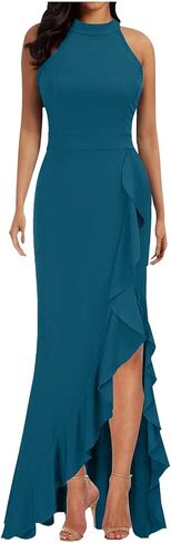 Aniywn Womens Bodycon Dresses Summer High Neck Split Ruched Maxi Cocktail Dress Sleeveless Beach Wedding Guest Long Dresses in Kuwait