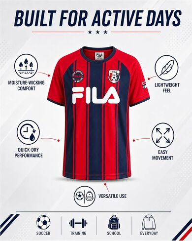 قميص جيرسي لكرة القدم للأولاد من Fila - تي شيرت رياضي شبكي للأطفال بأكمام قصيرة ورسوم جرافيك للأولاد (الحجم: 8-20) in Saudi Arabia