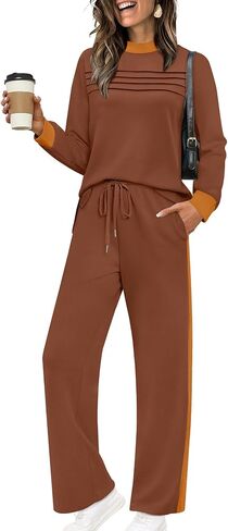 WIHOLL Two Piece Sets for Women Spring Travel Vacation Outfits 2026 Long Sleeve Lounge Sets Side Slit Wide Leg Pants S-3XL in Kuwait