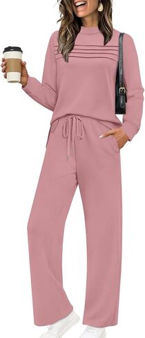 WIHOLL Two Piece Sets for Women Spring Travel Vacation Outfits 2026 Long Sleeve Lounge Sets Side Slit Wide Leg Pants S-3XL in Kuwait