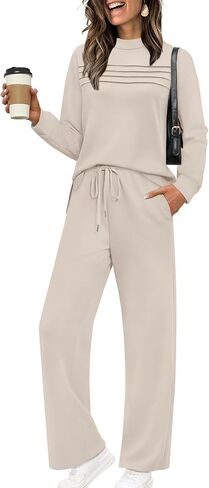 WIHOLL Two Piece Sets for Women Spring Travel Vacation Outfits 2026 Long Sleeve Lounge Sets Side Slit Wide Leg Pants S-3XL in Kuwait