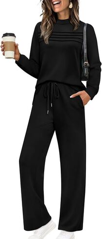 WIHOLL Two Piece Sets for Women Spring Travel Vacation Outfits 2026 Long Sleeve Lounge Sets Side Slit Wide Leg Pants S-3XL in Kuwait