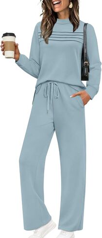 WIHOLL Two Piece Sets for Women Spring Travel Vacation Outfits 2026 Long Sleeve Lounge Sets Side Slit Wide Leg Pants S-3XL in Kuwait