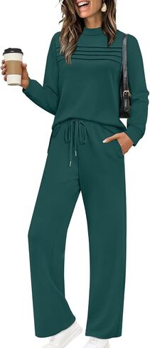 WIHOLL Two Piece Sets for Women Spring Travel Vacation Outfits 2026 Long Sleeve Lounge Sets Side Slit Wide Leg Pants S-3XL in Kuwait