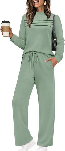 WIHOLL Two Piece Sets for Women Spring Travel Vacation Outfits 2026 Long Sleeve Lounge Sets Side Slit Wide Leg Pants S-3XL in Kuwait