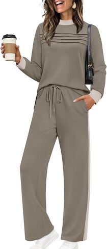 WIHOLL Two Piece Sets for Women Spring Travel Vacation Outfits 2026 Long Sleeve Lounge Sets Side Slit Wide Leg Pants S-3XL in Kuwait