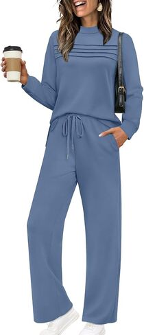 WIHOLL Two Piece Sets for Women Spring Travel Vacation Outfits 2026 Long Sleeve Lounge Sets Side Slit Wide Leg Pants S-3XL in Kuwait