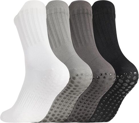 4 Pairs Mens Grip Socks Non Slip Size 6-9, Anti Slip Pilates Yoga Socks, Men Ankle Socks with Grips for Hospital, Pilates, Fitness Grippy Socks, Black, White, Gray, Light Gray(medium tube) in Kuwait