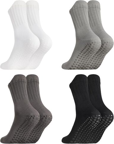 4 Pairs Mens Grip Socks Non Slip Size 6-9, Anti Slip Pilates Yoga Socks, Men Ankle Socks with Grips for Hospital, Pilates, Fitness Grippy Socks, Black, White, Gray, Light Gray(medium tube) in Kuwait